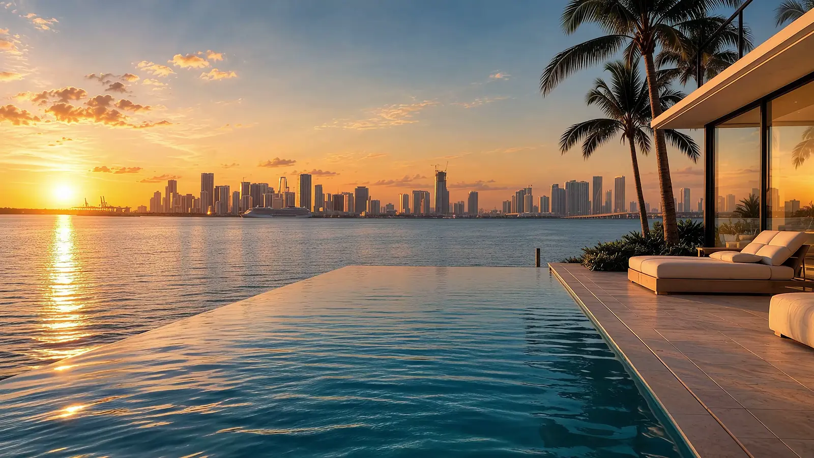 An infinity pool at sunset looking across Biscayne Bay to the Miami skyline, palms and a terrace to the right.
