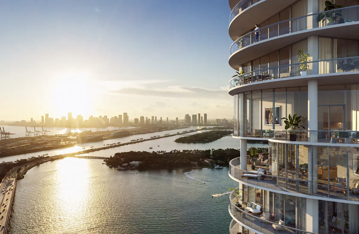 Rendering of the bay and the Miami skyline from a Five Park balcony at sunset