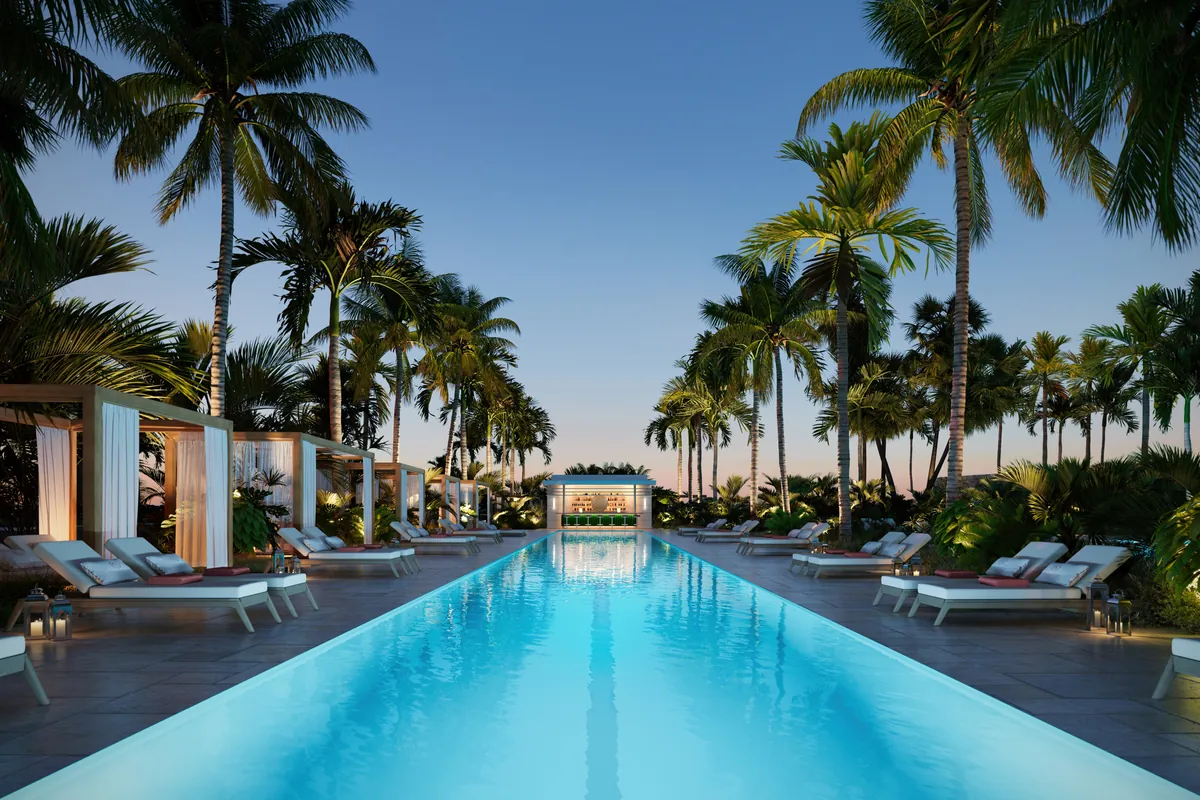 Rendering of the Shore Club pool between palms