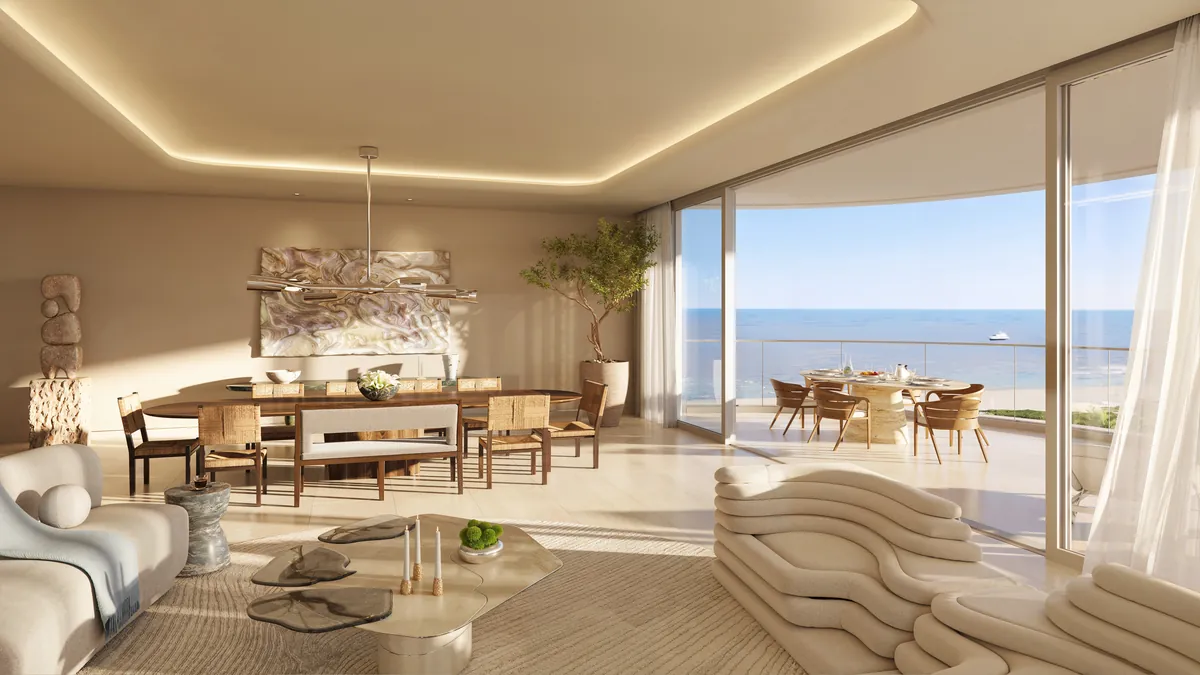 Rendering of a living and dining room with an ocean view at Shore Club