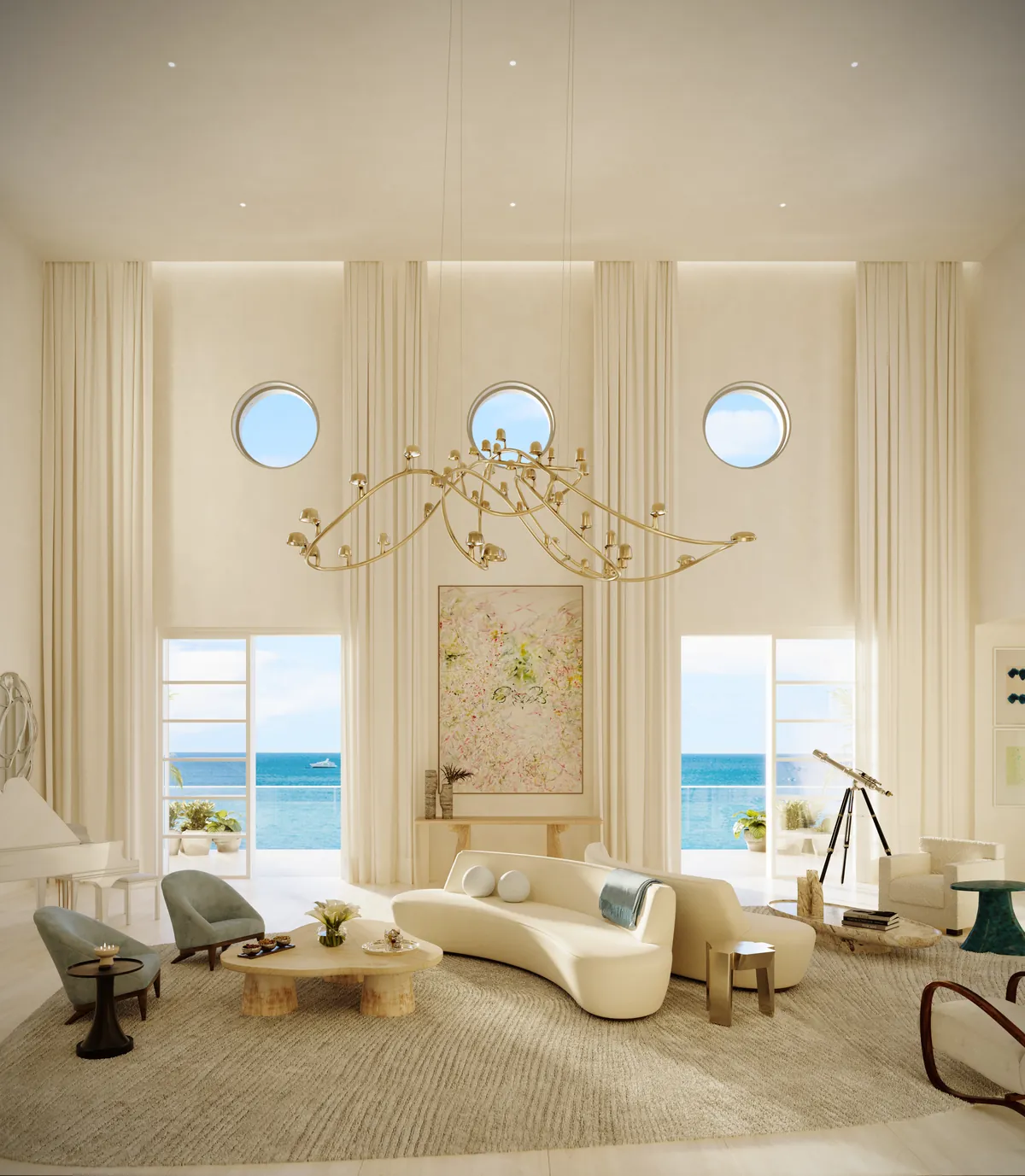 Rendering of a double-height living room with round windows at Shore Club