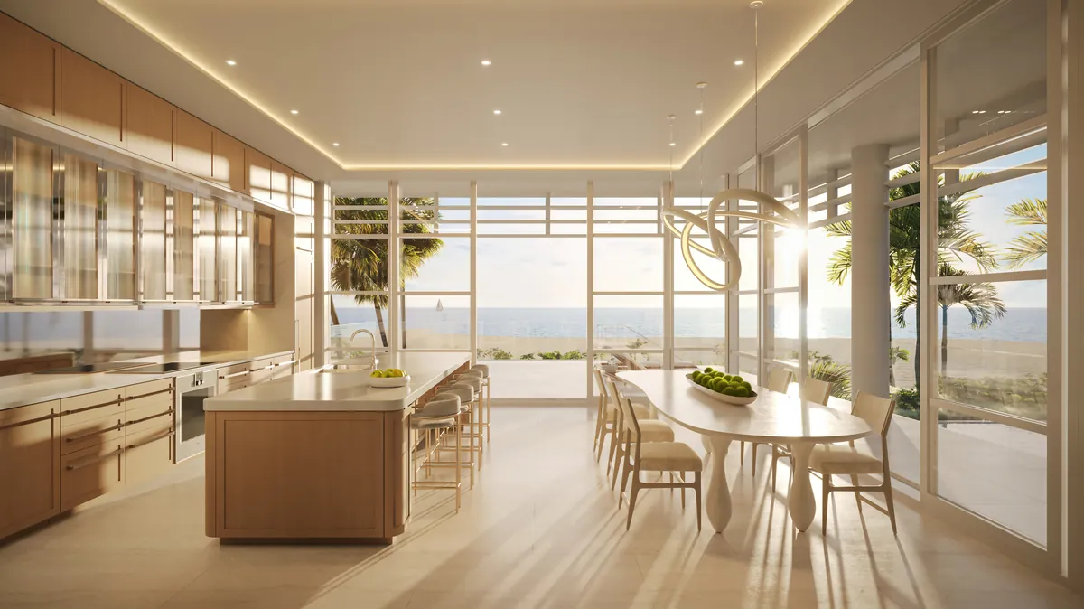 Rendering of a kitchen with floor-to-ceiling glass at Shore Club