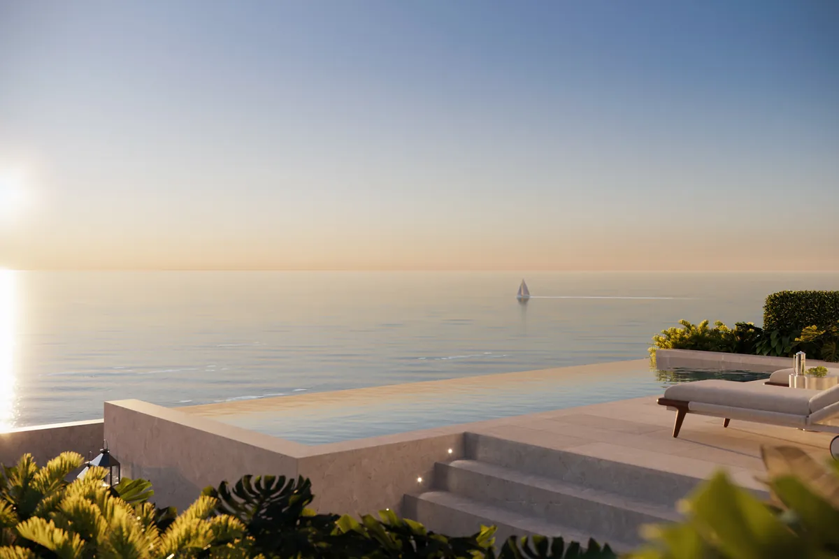 Rendering of a pool ledge over the ocean at sunrise, Shore Club