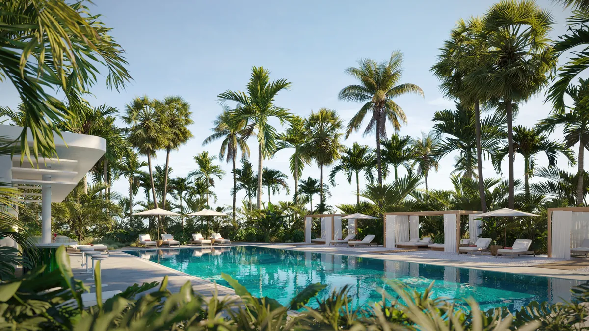 Rendering of a Shore Club pool framed by palms