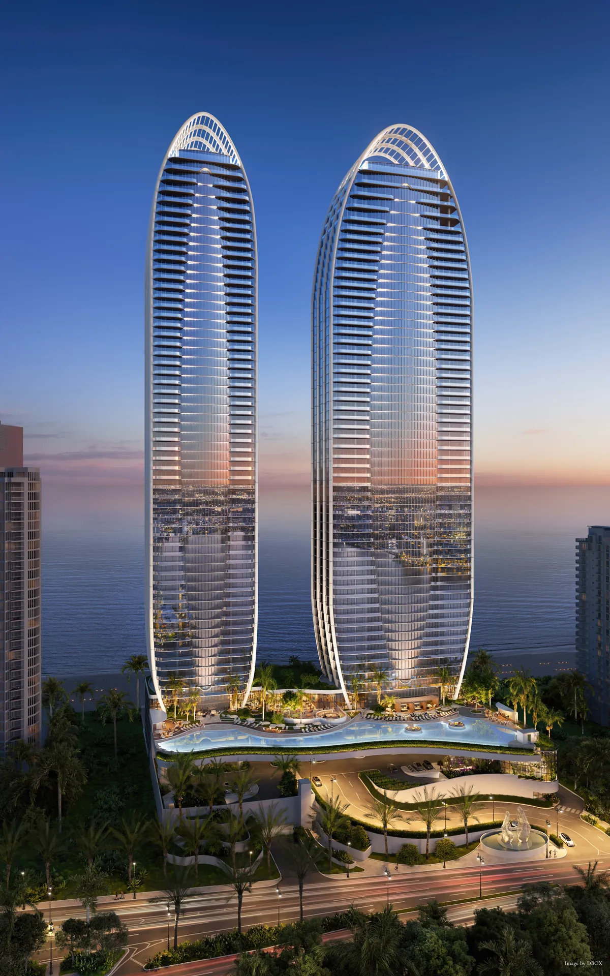 Rendering of the two St. Regis towers at dusk