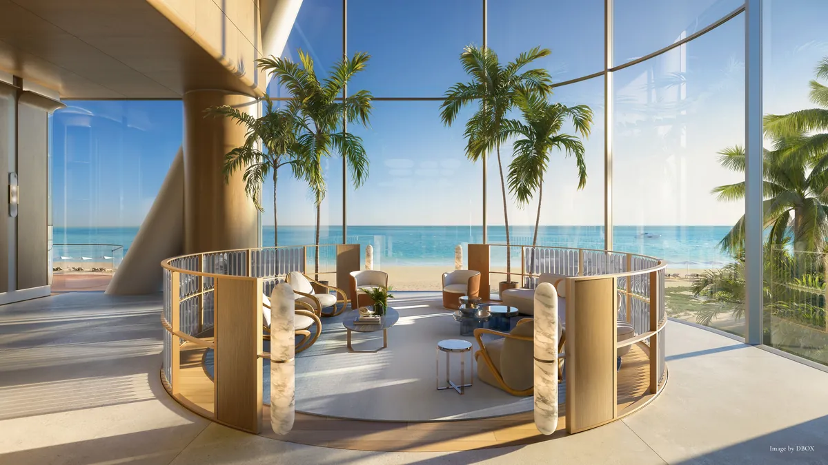 Rendering of a round lounge with palms beyond the glass