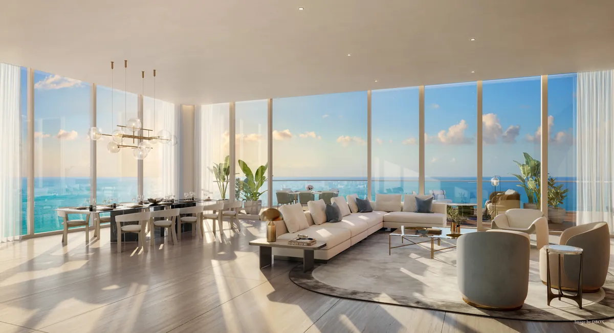 Rendering of a great room facing the ocean