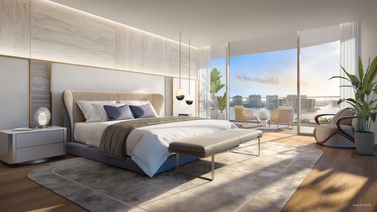 Rendering of a bedroom with an ocean view