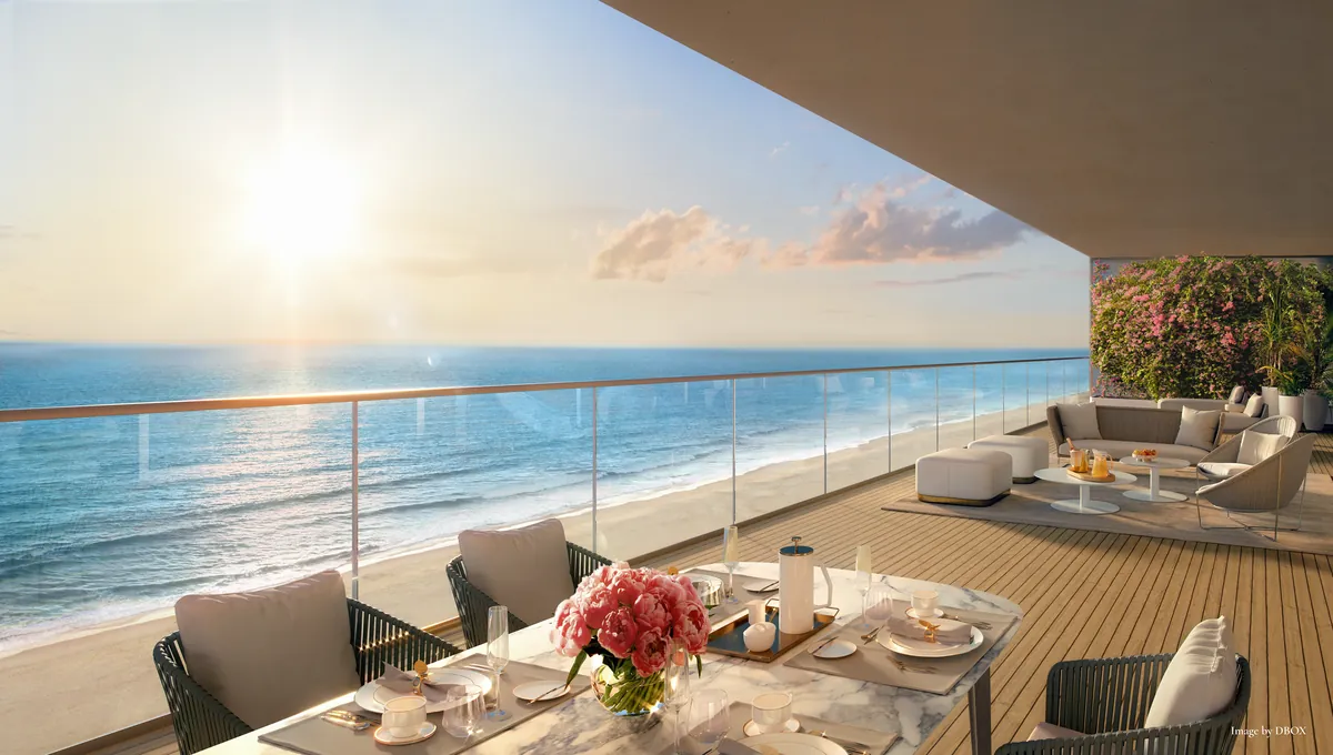 Rendering of a terrace set for dinner above the ocean