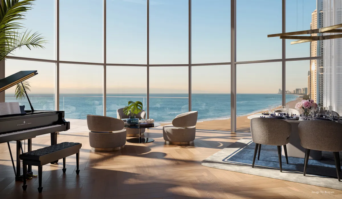 Rendering of a piano room with ocean views