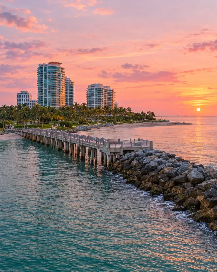 A fishing pier and rock jetty at the southern tip of Miami Beach at sunset, towers along the shore.