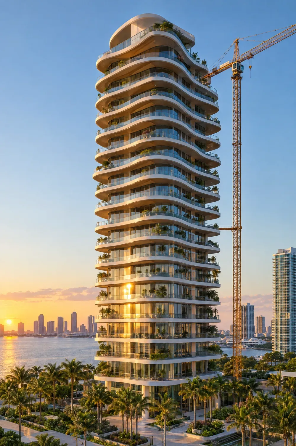 A curved residential tower going up beside a crane, the bay and skyline behind it at sunset.